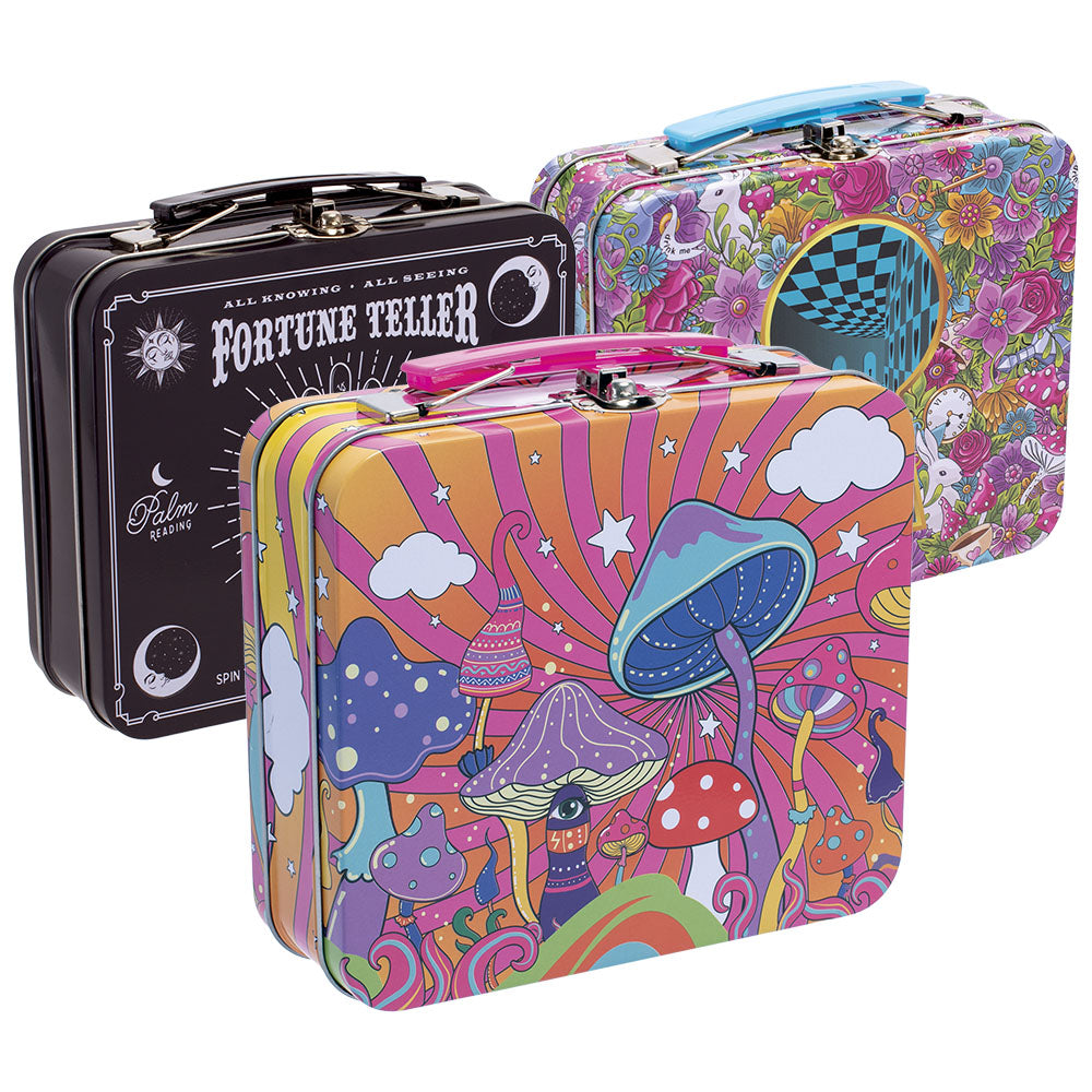 Fujima Handled Tin Stash Boxes in various designs, front view, perfect for secure storage