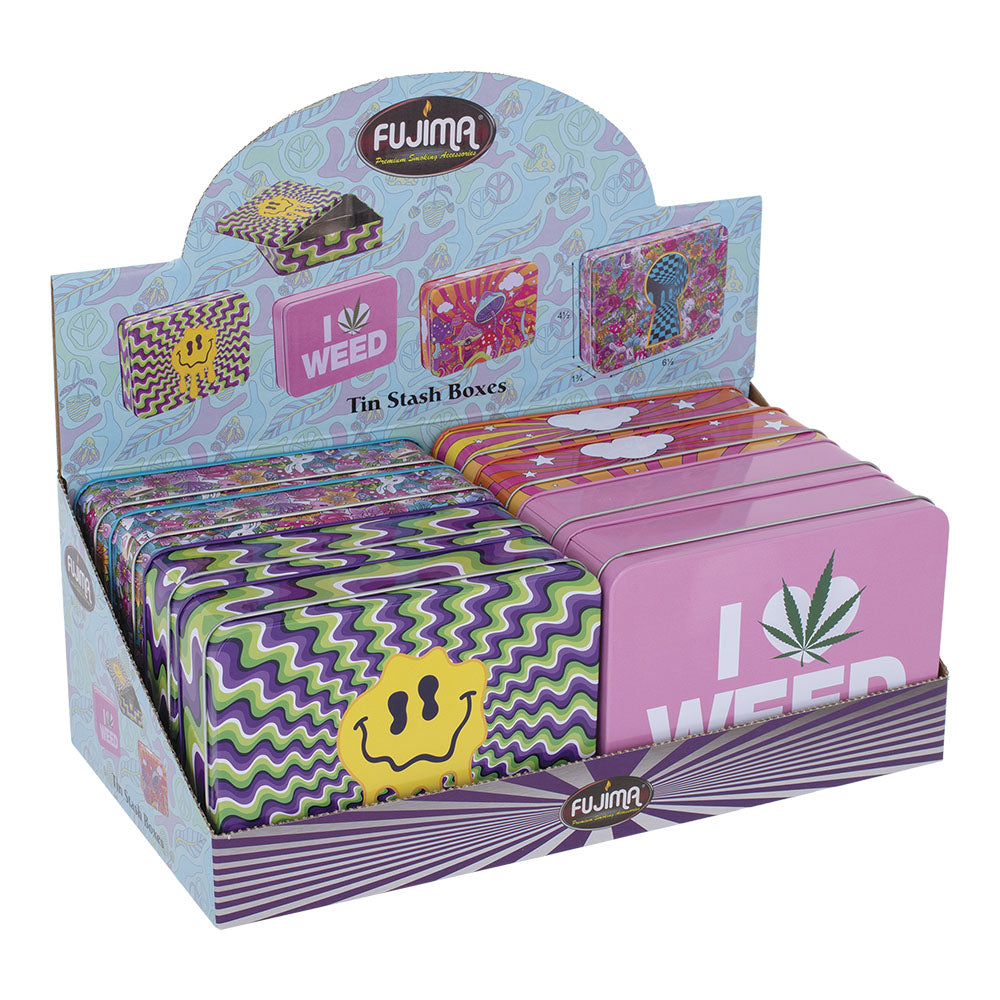 Fujima Tin Stash Boxes 8pc Set in assorted designs displayed in retail packaging, durable and stylish