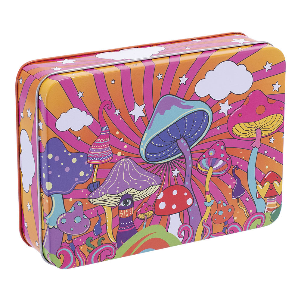 Fujima Tin Stash Box with vibrant psychedelic mushroom design, 6.5"x4.5" size, angled view