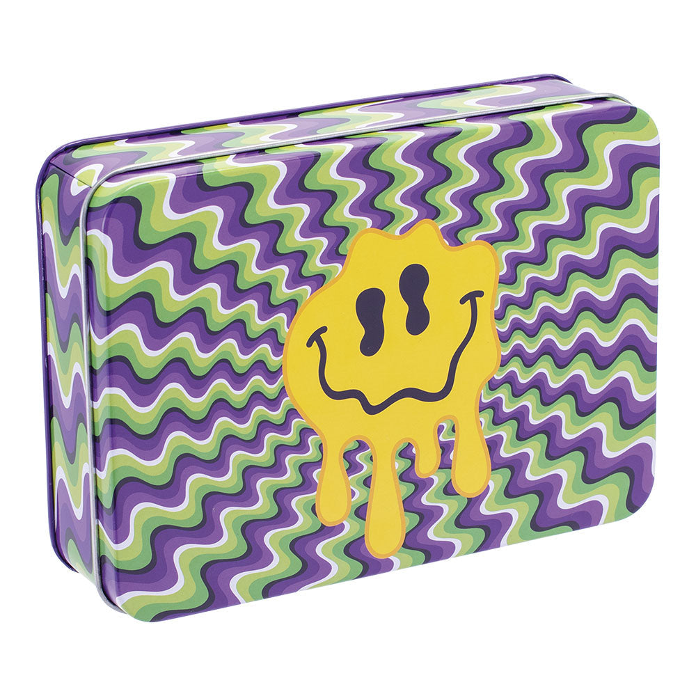 Fujima Tin Stash Box with colorful psychedelic design and smiley face, 6.5"x4.5" durable storage