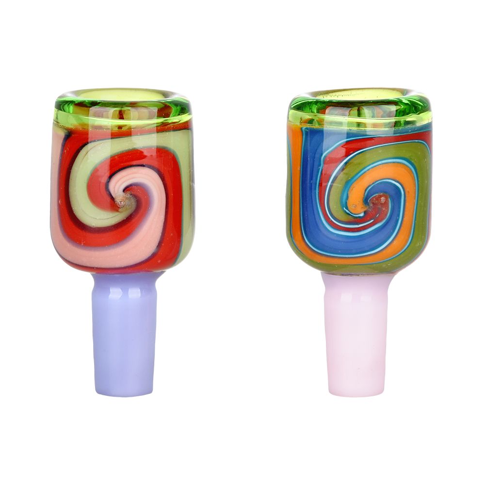 Retro Spiral Herb Slide in 14mm size with vibrant multicolor swirl design, front view on white background