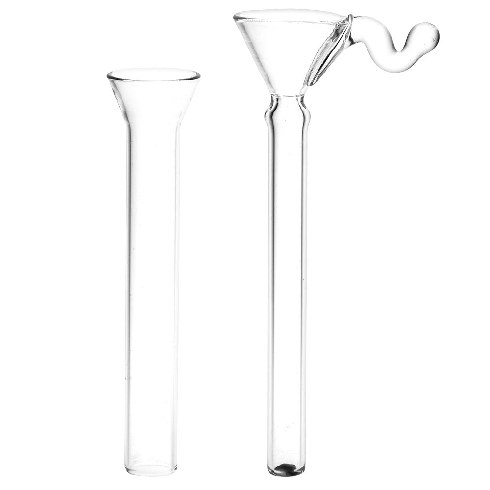 Clear Glass 6pc Stem and Slide Set for Soft Glass Pipes, front view on seamless white background