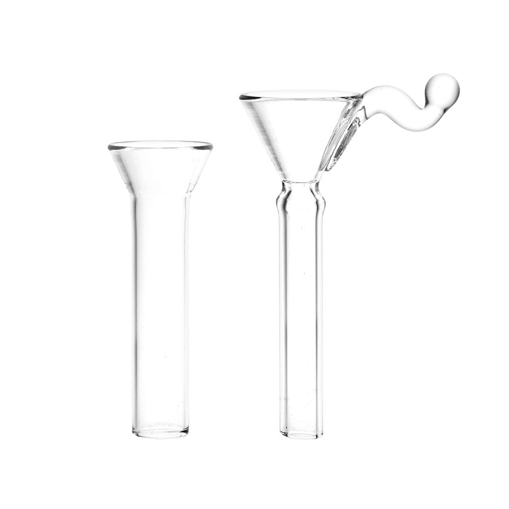 Clear glass 6-piece stem and slide set for soft glass pipes, front view on pristine white background