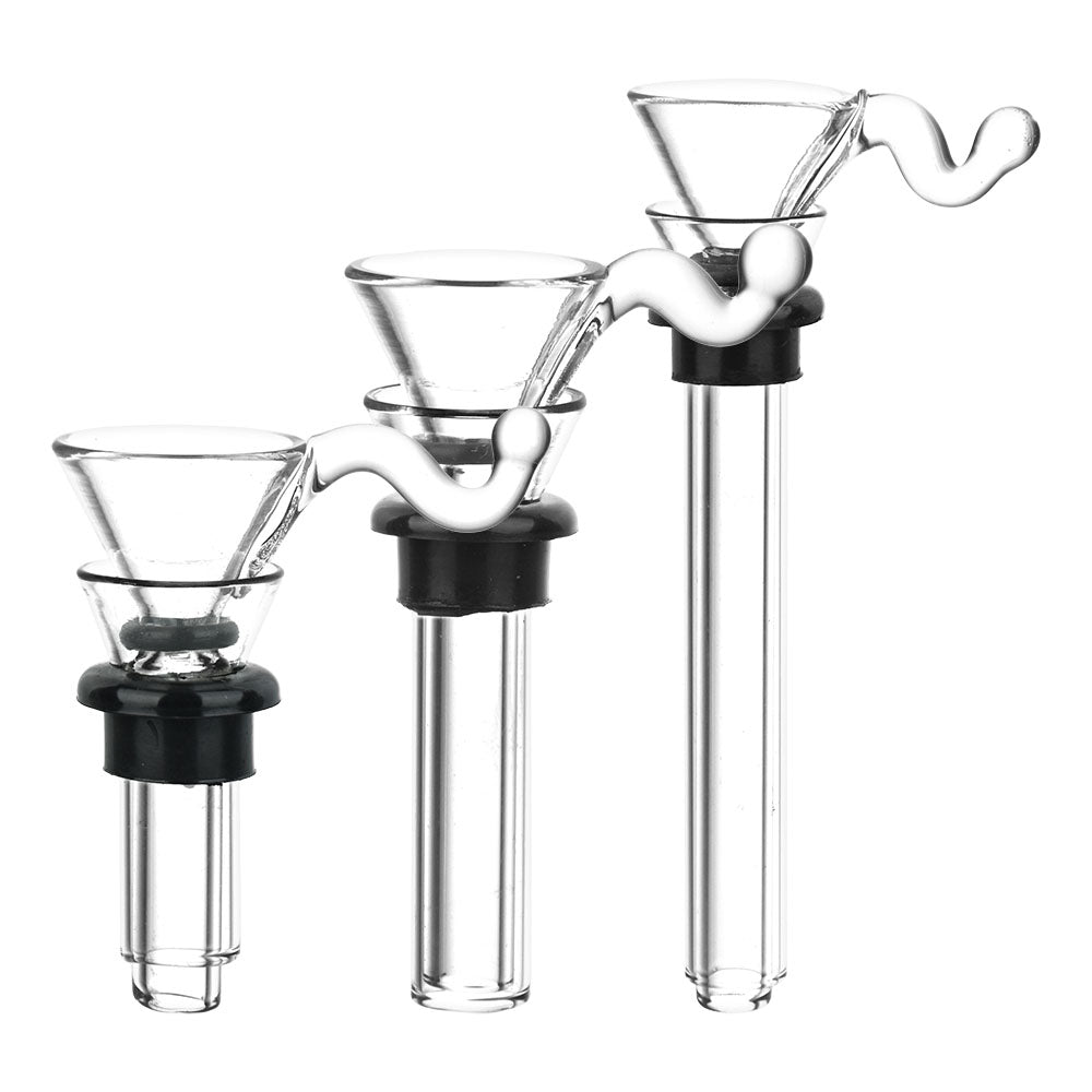 6pc Stem & Slide Set for Soft Glass Pipes, clear glass with black rubber stoppers, front view