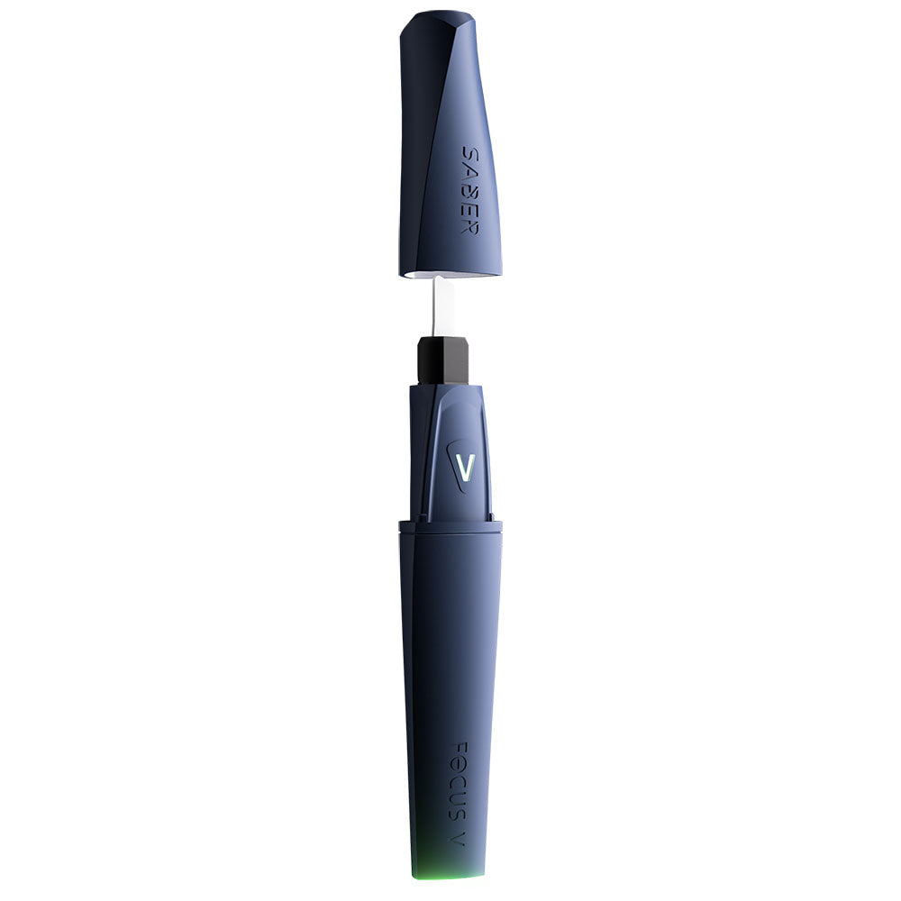 Focus V Saber Electric Dab Tool in navy blue with green LED indicator, front view on white background