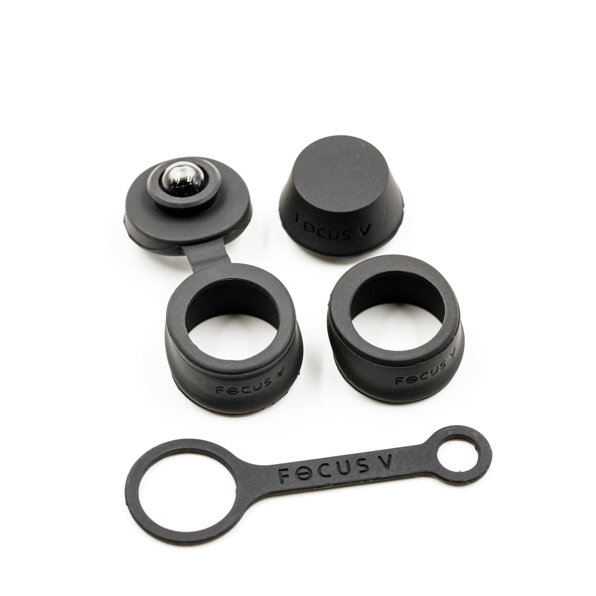 Focus V CARTA 2 Silicone Accessory Set in Black, featuring carb cap, dab tool, and silicone rings