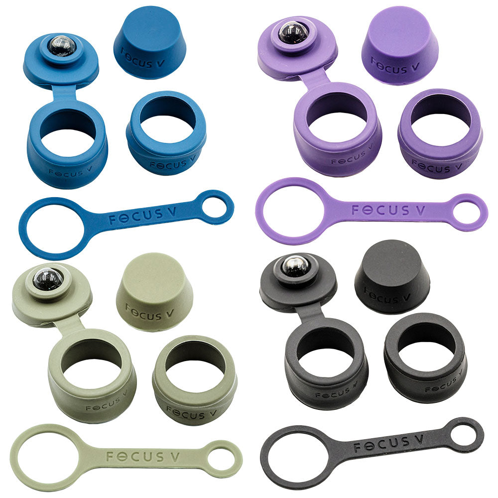 Focus V CARTA 2 Silicone Accessory Set in blue, purple, and grey, ideal for dab rig customization