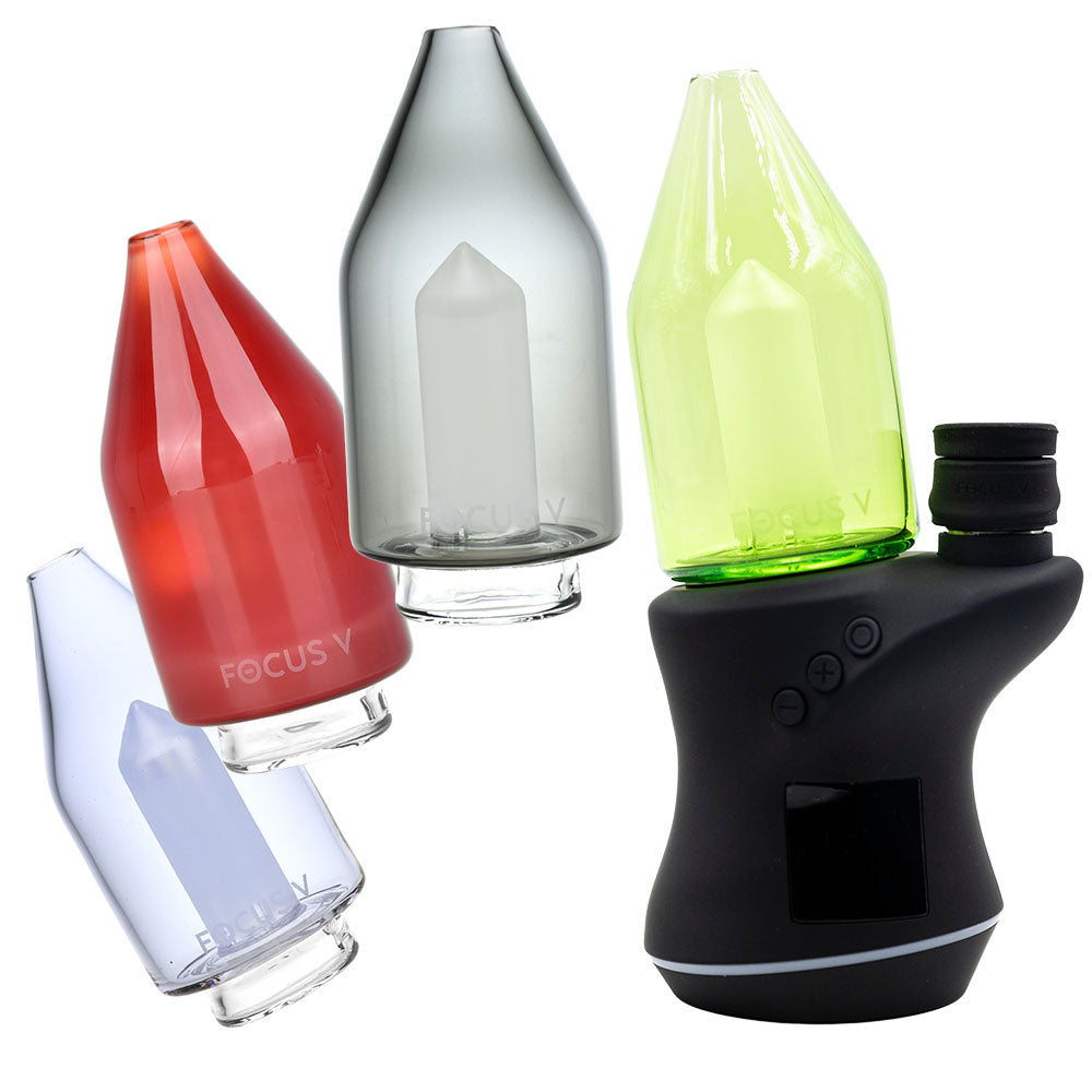 Focus V CARTA Glass Tops in red, clear, and neon green, easy to attach and clean, displayed with base unit
