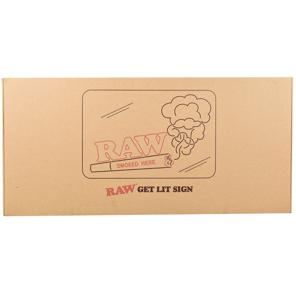 RAW Smoked Here LED Sign packaging, front view, showcasing the vibrant 25"x16" illuminated sign box