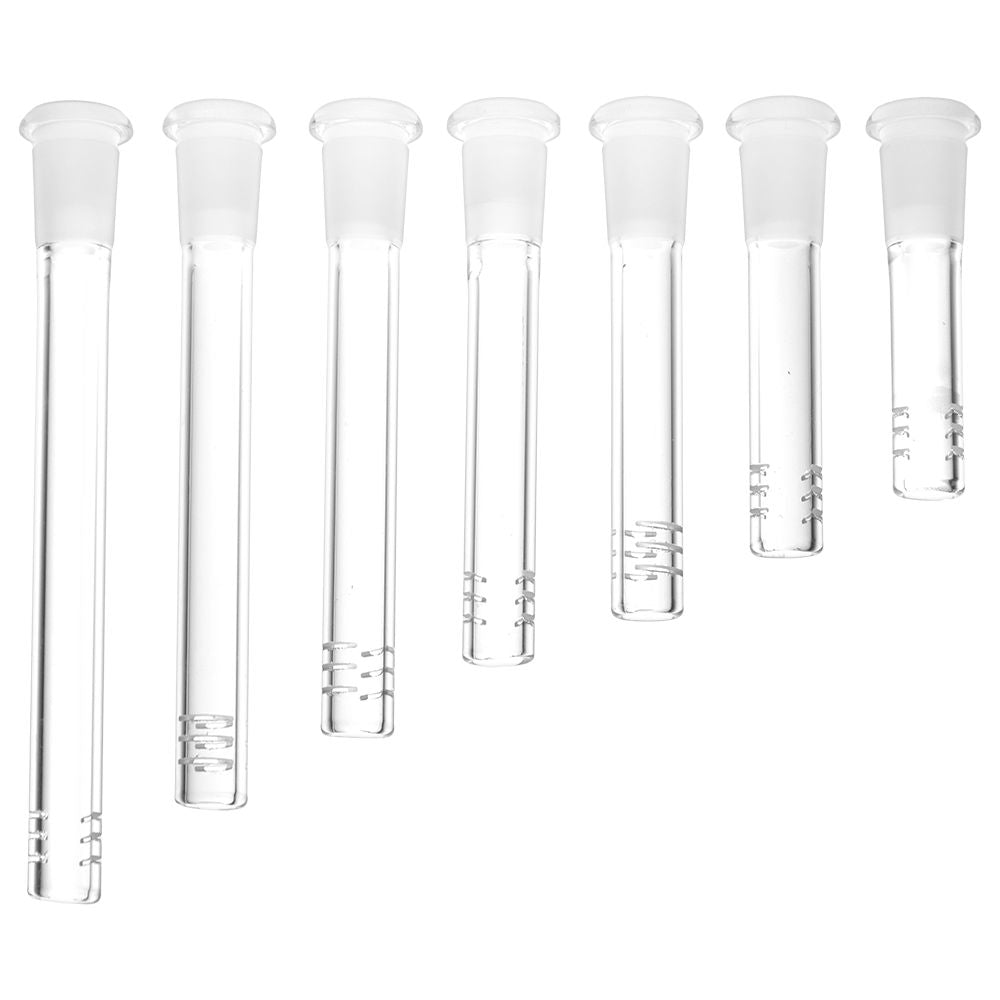 Assorted 14mm Female Glass Downstems with Acrylic Display - Top View for Easy Selection