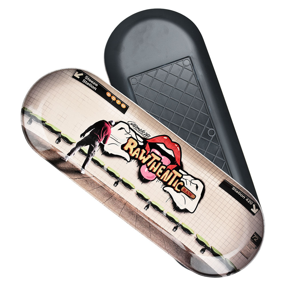 RAW Graffiti 2 Skate Tray - 16.5" x 6" angled view with urban design, perfect for rolling