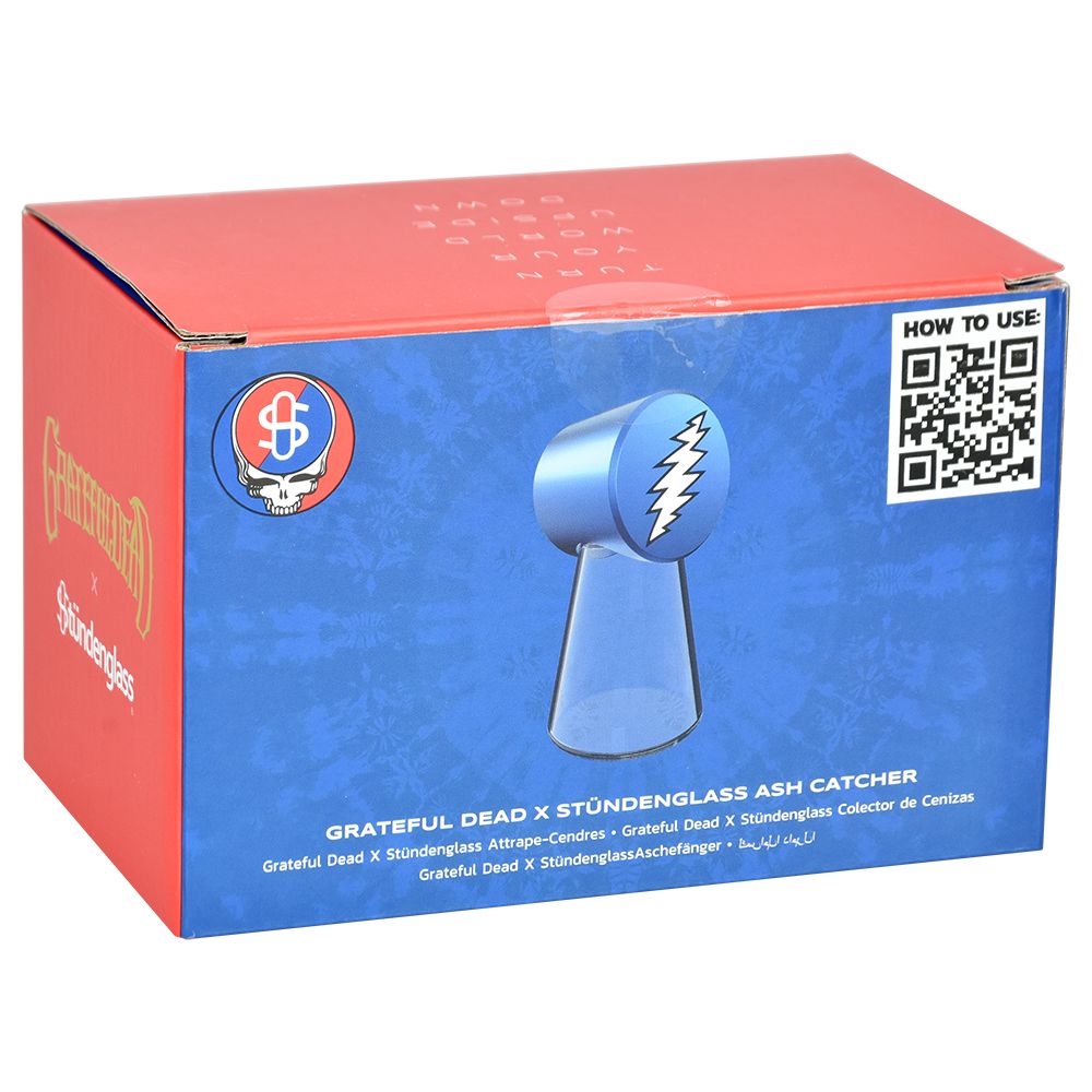 Stundenglass x Grateful Dead Glass Ash Catcher packaging, 3" size, vibrant design with QR code
