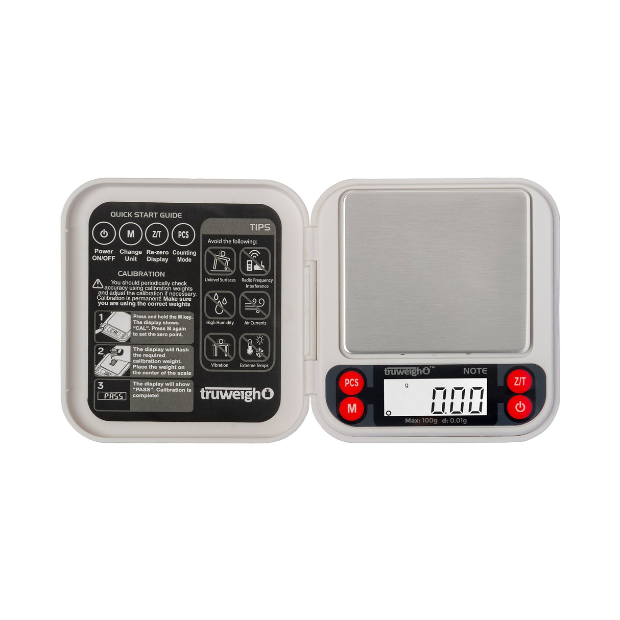 Truweigh Mini NOTE Digital Pocket Scale in white, 100g capacity, top view with display on