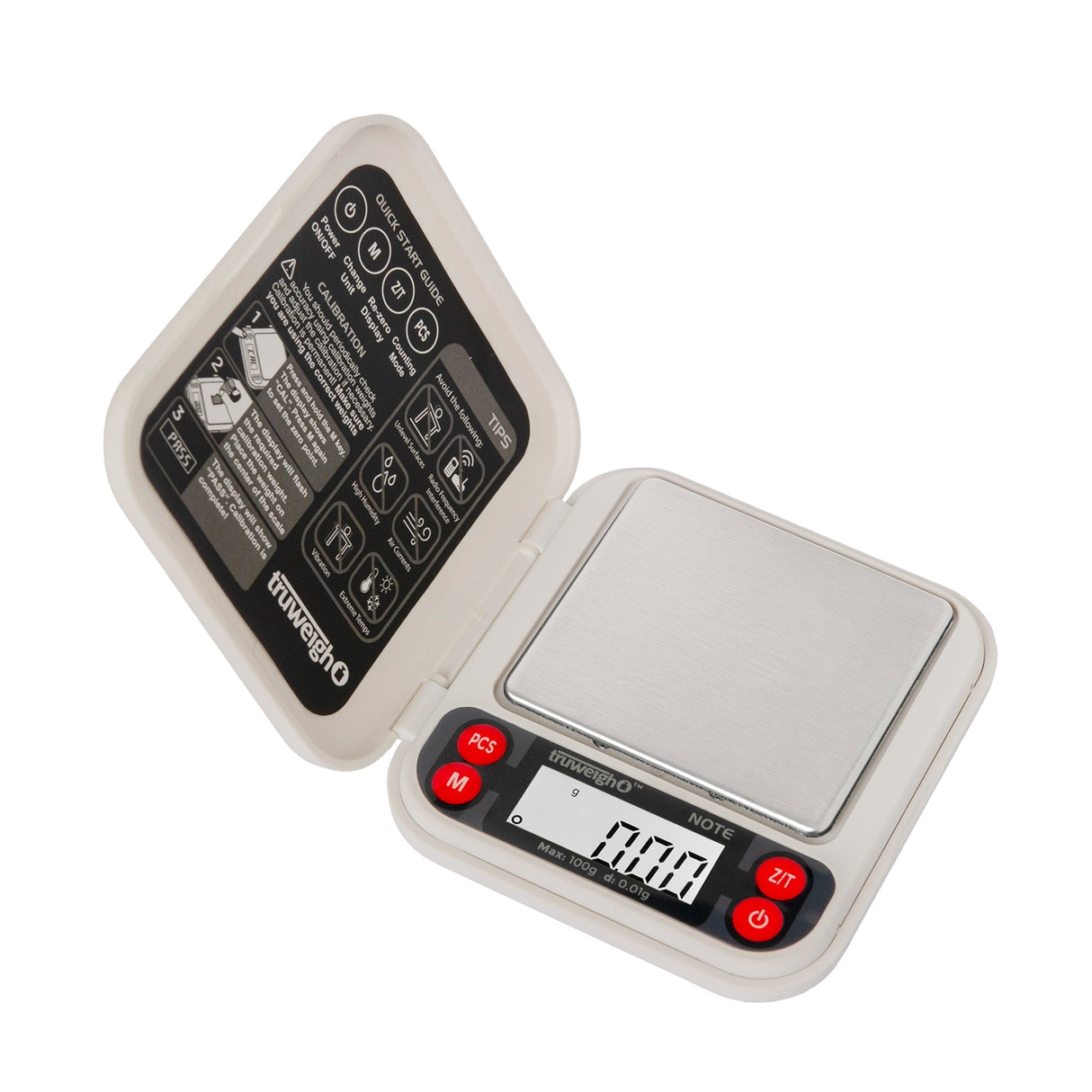Truweigh Mini NOTE Digital Pocket Scale open with LED display, 100g x 0.01g accuracy, top view