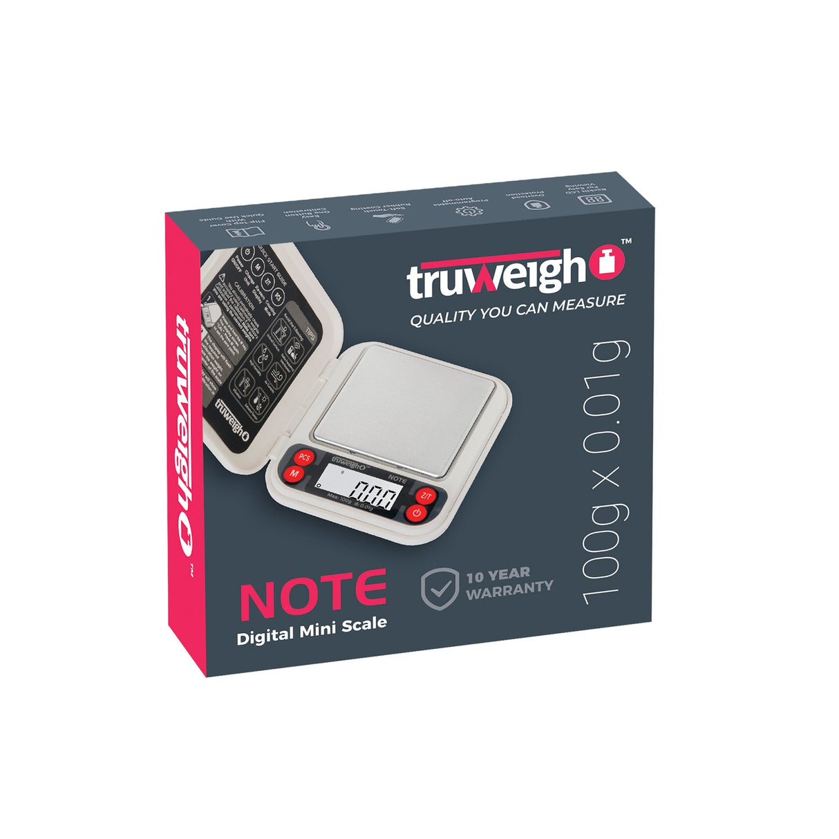 Truweigh Mini NOTE Digital Pocket Scale with 100g capacity, 0.01g accuracy, front view.