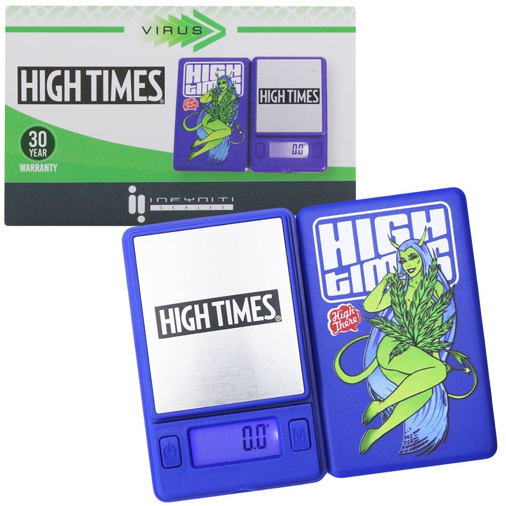 Infyniti High Times® Virus Pocket Scale with blue cover and digital display, packaging included