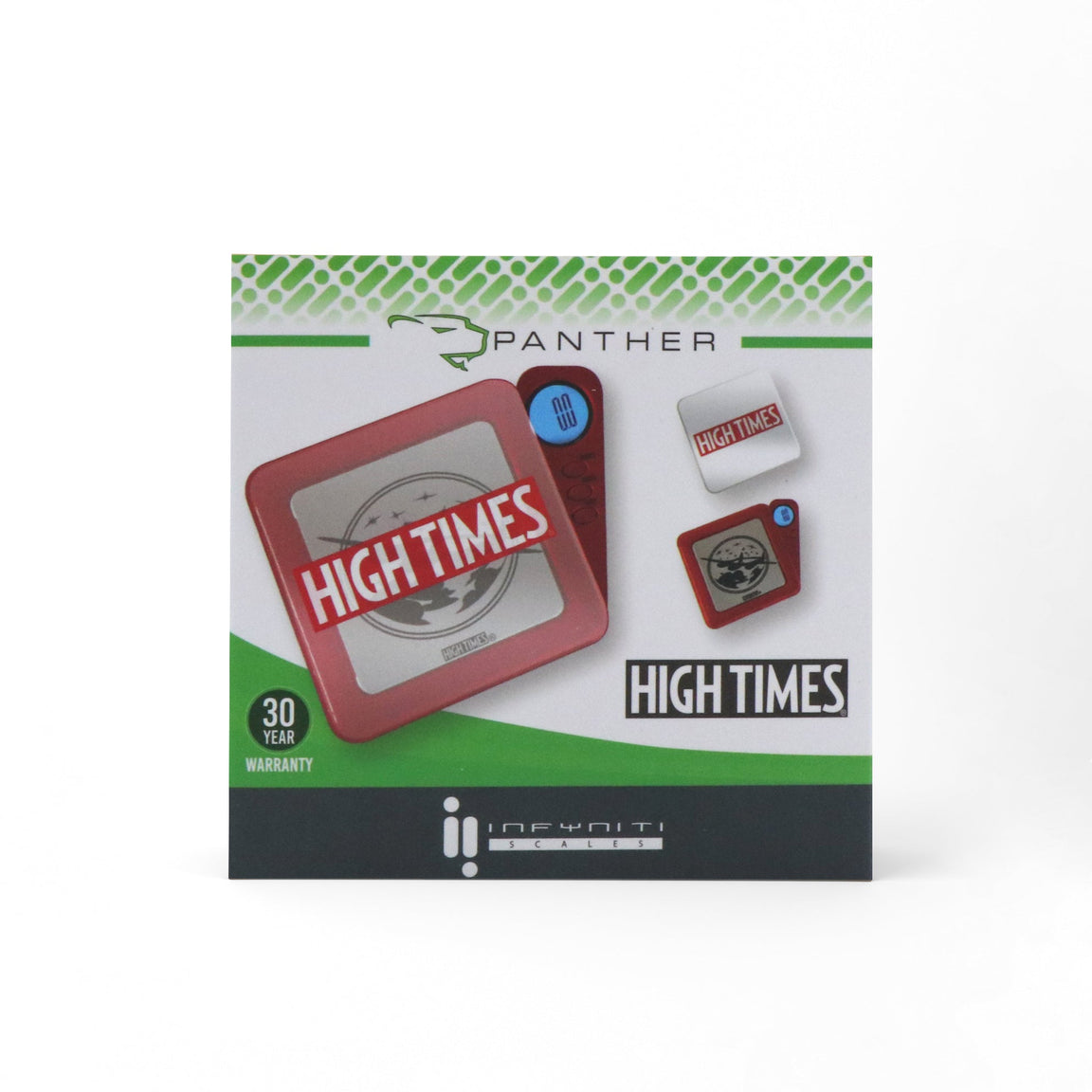 Infyniti High Times Panther Pocket Scale in packaging, front view, with 30-year warranty badge