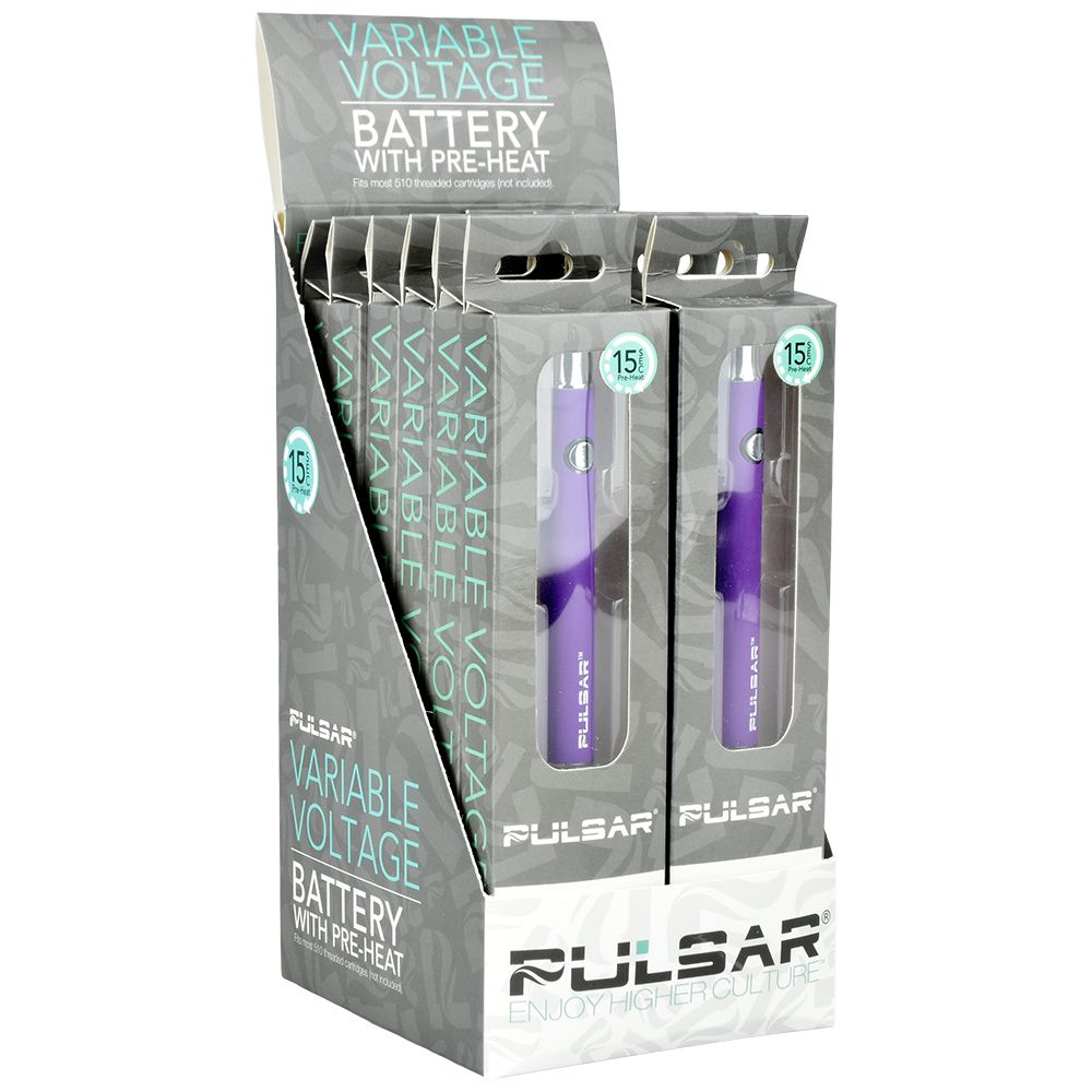 Pulsar Variable Voltage Batteries, 350mAh, Purple Variant in Display Box, Front View