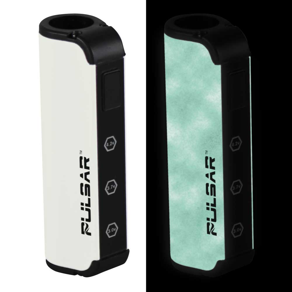 Pulsar M2 Thick Oil Cartridge Vape Battery in white and glow variants, side view, compact design