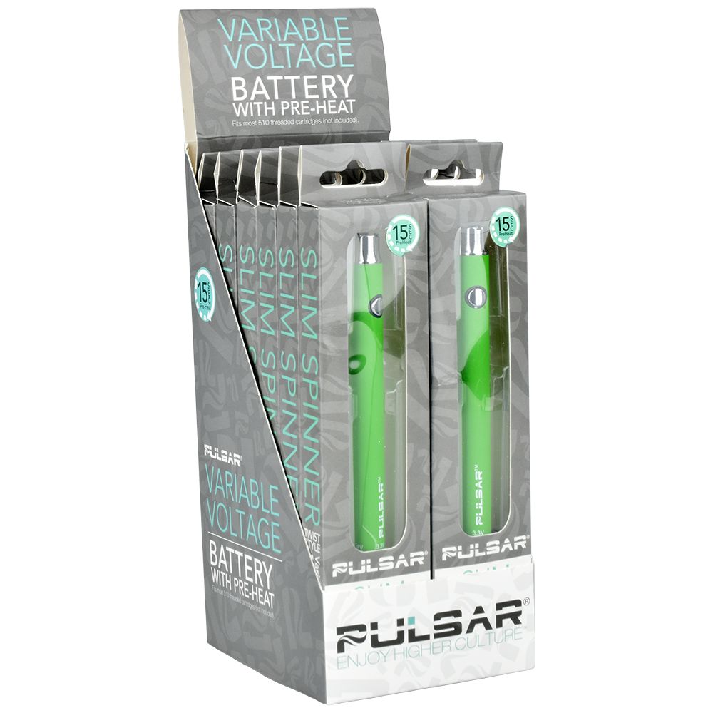 Pulsar Slim Spinner Vape Batteries in Green, 400mAh, 12ct Display Box, Front View