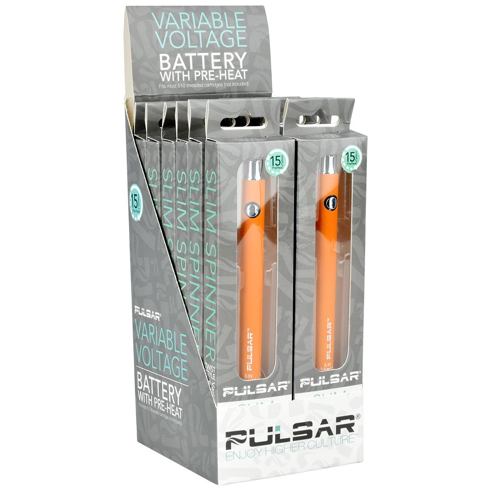 Pulsar Slim Spinner Vape Batteries in Orange, 400mAh, 12ct Display Box - Front View
