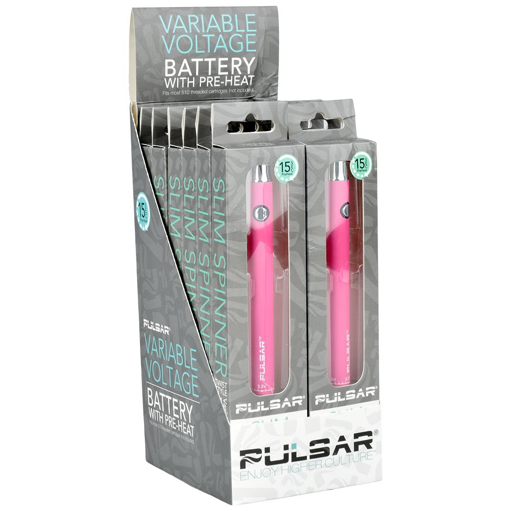 Pulsar Slim Spinner Vape Battery in Pink, 400mAh, displayed in packaging, front view