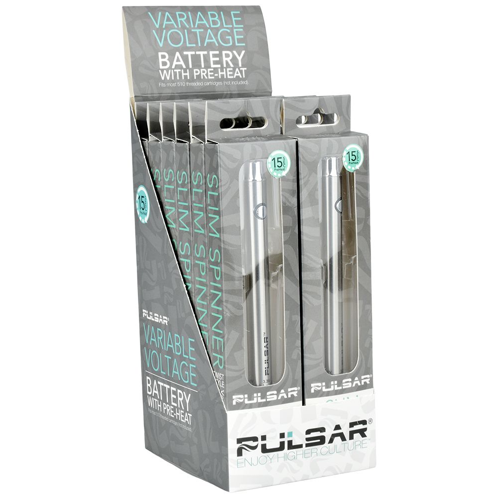 Pulsar Slim Spinner Vape Batteries, 400mAh, Variable Voltage, Silver, 12ct Display Box