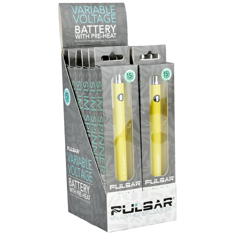 Pulsar Slim Spinner Vape Batteries in Yellow, 400mAh, Front View of 12ct Display Box