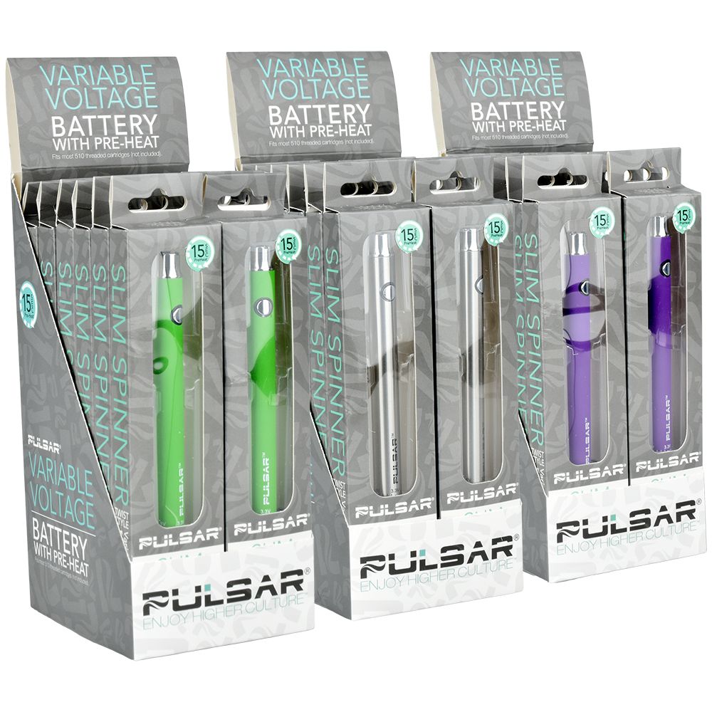 Pulsar Slim Spinner Vape Batteries with Variable Voltage in 12ct Display, Front View