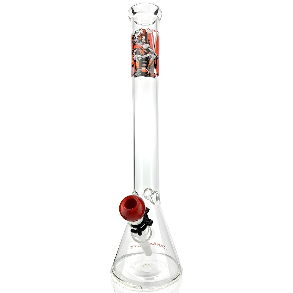 AFM 18" Kansas City Beaker Bong Bundle, clear glass with red accents, front view on white background