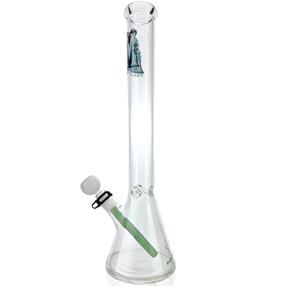 AFM 18" Philadelphia Beaker Bong Bundle with clear glass and iconic decal, front view on white background