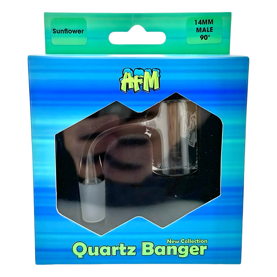AFM Sunflower Quartz Dab Banger, 14MM Male 90Β°, packaged front view on blue background
