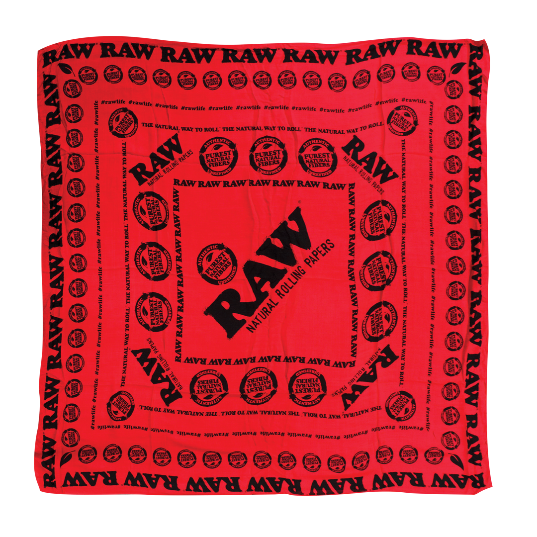 RAW Ultra Soft Vegan Black Fashion Scarf with red logo, 46" x 46" size, top view on white background