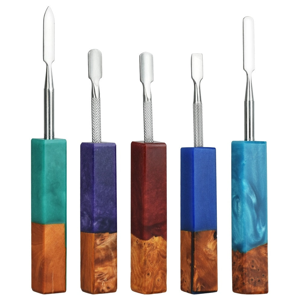 Square Resin/Wood Handle Stainless Steel Dab Tool | Assorted Colors | 5 Pack