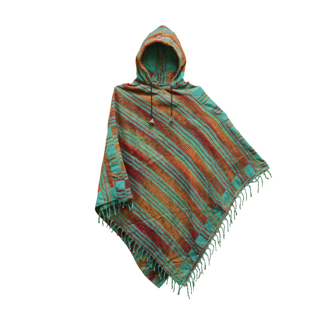 ThreadHeads Poncho in Striped 45in variant displayed on white background, featuring a cozy hood and fringe detail.