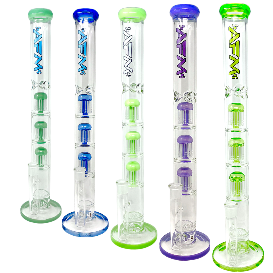 AFM Ripper Triple Tree Perc Glass Bongs in various colors, 21 inches tall with clear borosilicate glass