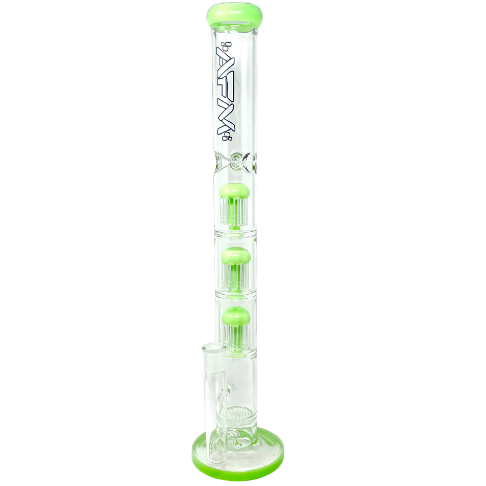 AFM 21" Ripper Triple Tree Perc Glass Bong in clear and green with a showerhead perc, front view on white background