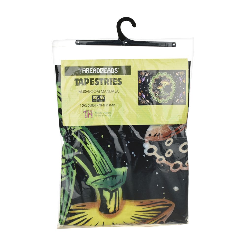 ThreadHeads Mushroom Mandala Tapestry packaging, 55"x83" size, vibrant design, ideal for home decor