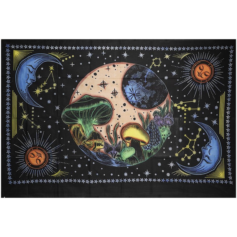 ThreadHeads Celestial Mushroom Tapestry, 55"x83", vibrant cosmic design with moons and stars