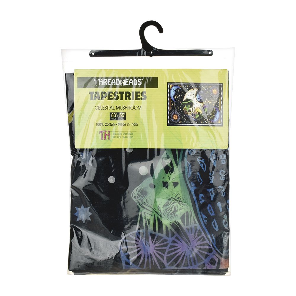 ThreadHeads Celestial Mushroom Tapestry in packaging, front view, with vibrant cosmic design