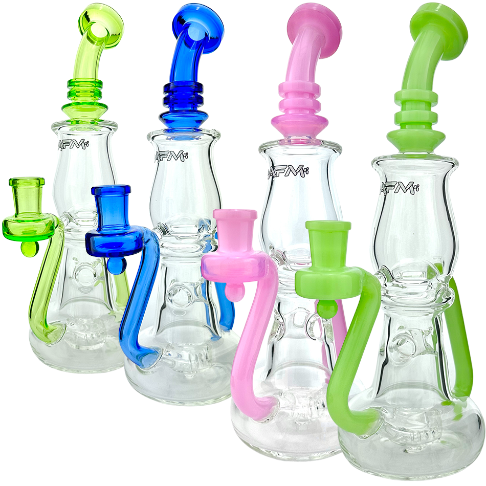 AFM Nebula Glass Recycler Dab Rigs in assorted colors with 14mm female joint and borosilicate glass