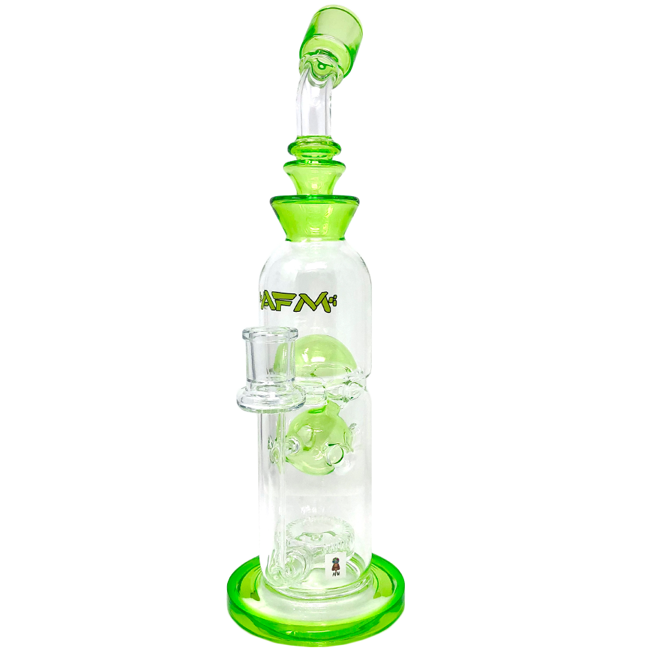 12" AFM Glass Big Swiss Perc Straight Dab Rig with Lime Accents and Showerhead Perc, Front View