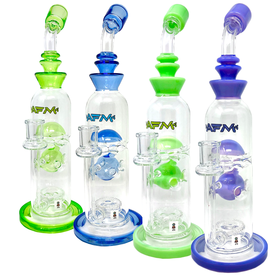 AFM Glass Big Swiss Perc Straight Dab Rigs in various colors with bent neck and showerhead perc