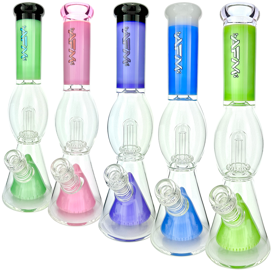 AFM Glass 13" UFO Pyramid Beaker Bongs in assorted colors with showerhead perc, front view