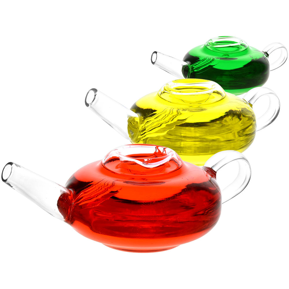 Colorful Tea Pot Glycerin Glass Hand Pipes in Red, Yellow, and Green - Borosilicate Glass