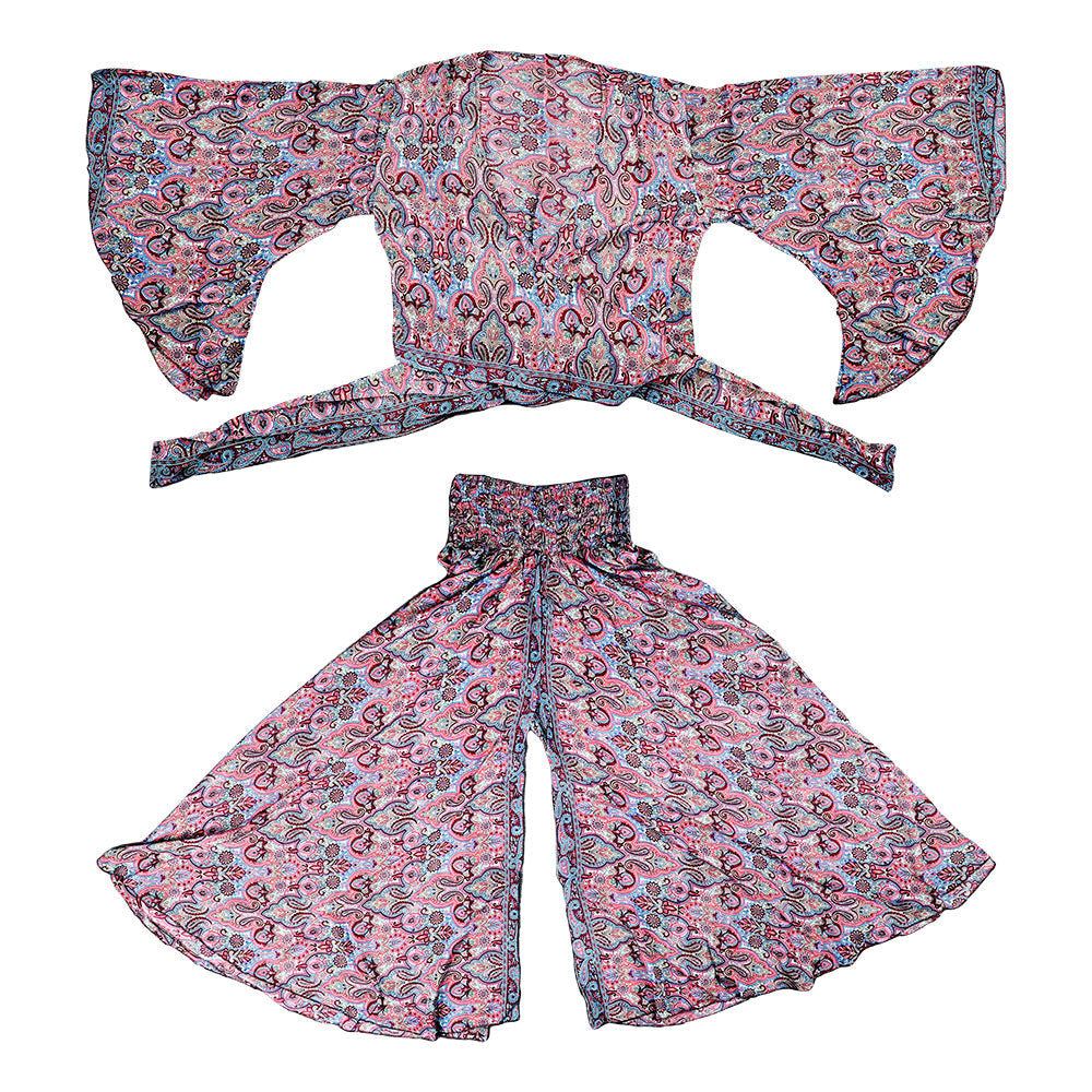 ThreadHeads Bohemian Wide Sleeve 2-Piece Suit, Free Size, Floral Pattern, Flat Lay