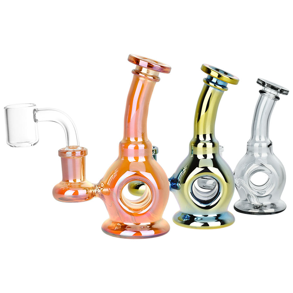 Time Warp Electroplated Glass Mini Dab Rigs in assorted colors with 14mm female joint, front view
