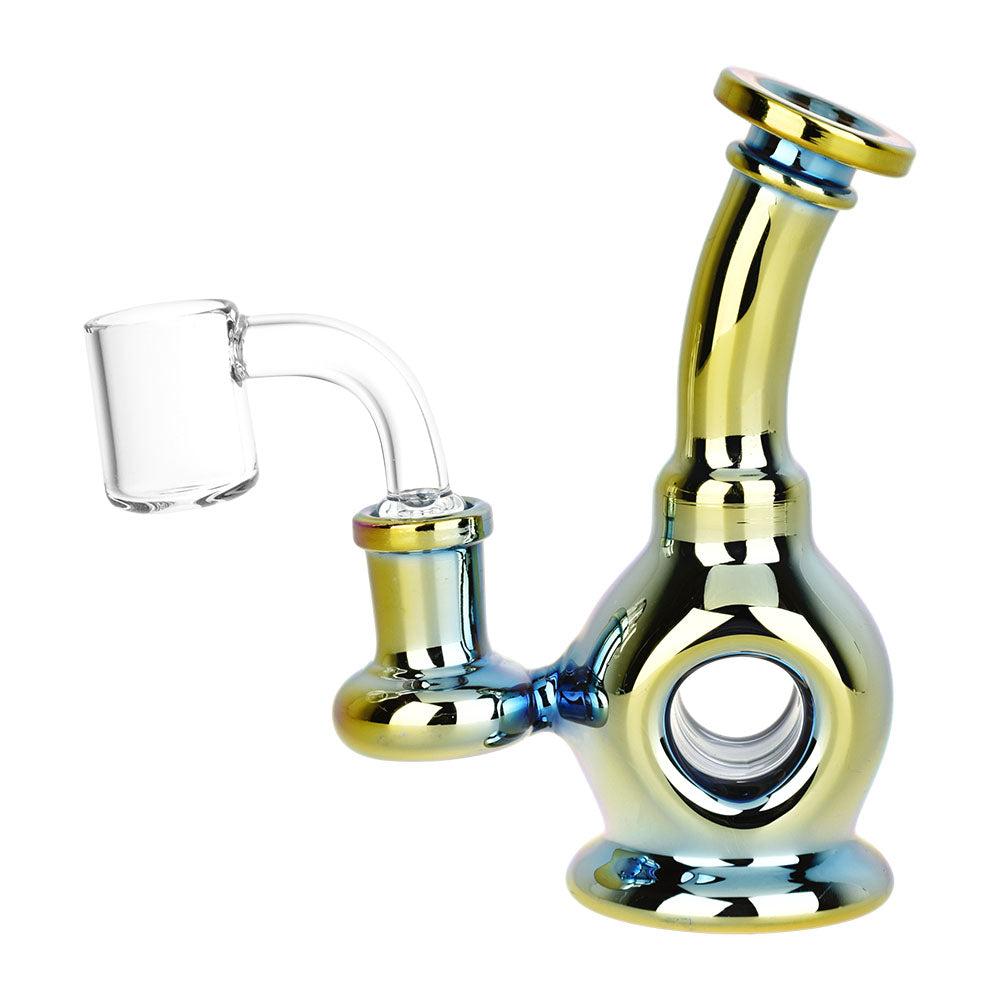Electroplated Glass Mini Dab Rig with 14mm Female Joint, 4.75 inches tall, Colors Vary - Front View