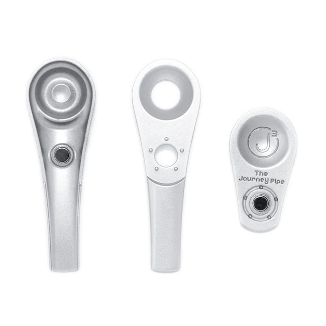 Journey Pipe 3 in silver with magnetic lid open, closed, and side views on white background