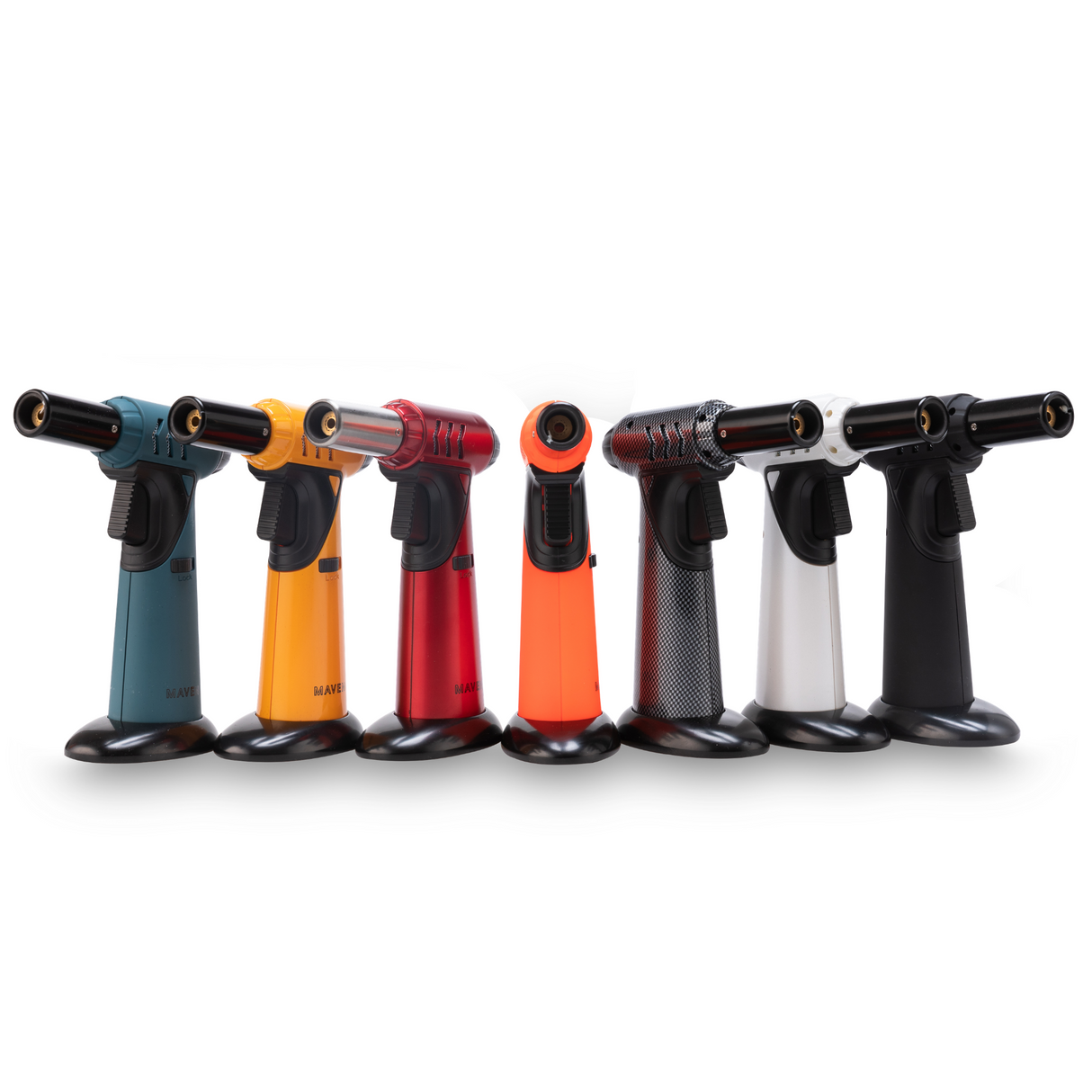 Maven Torch Tornado Jet Flame Dab Rig Torches in various colors with safety lock and adjustable flame, side view.